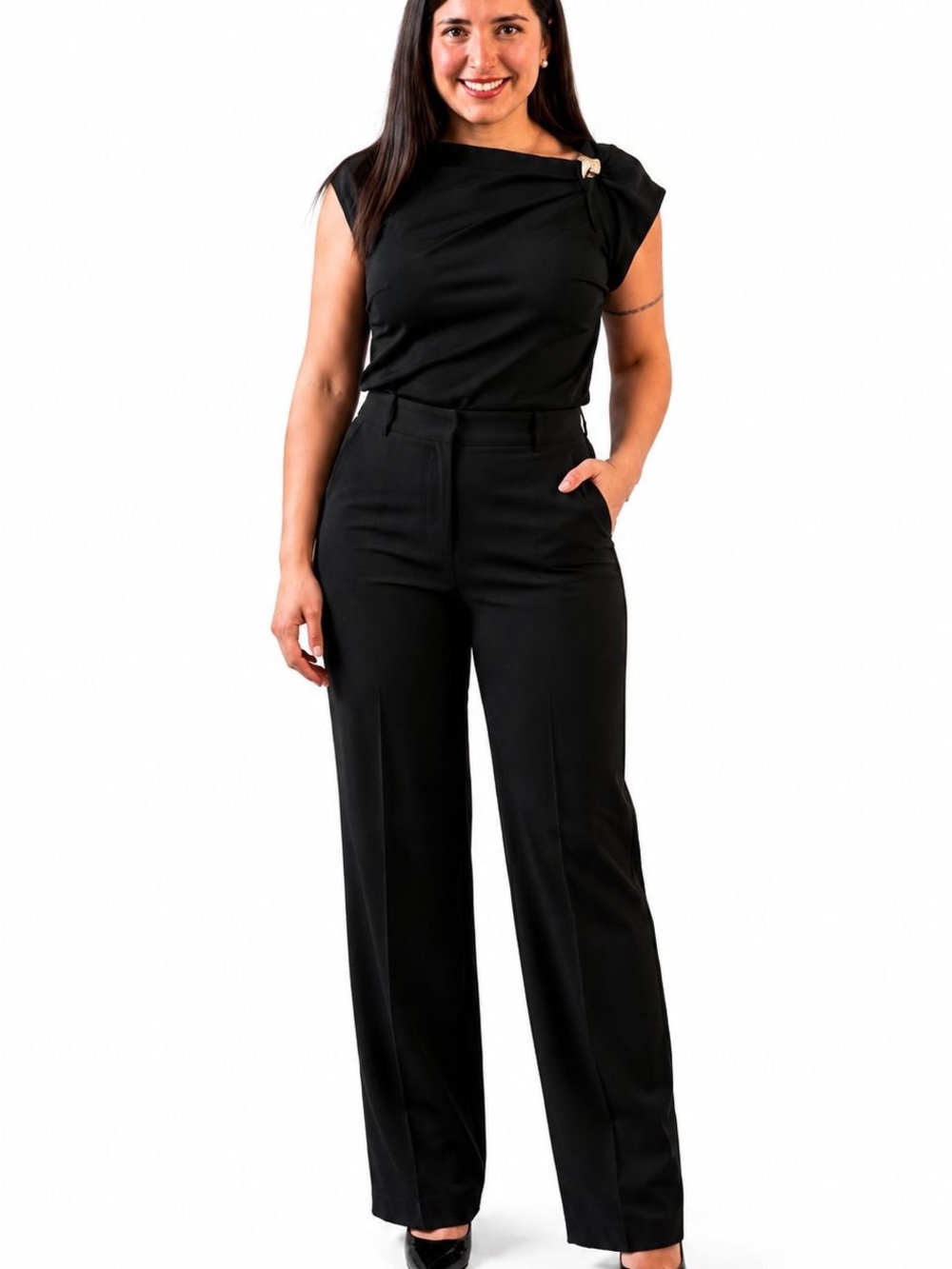Black Asymmetrical One-Shoulder Top with Gold Button - Picture 3 of 6